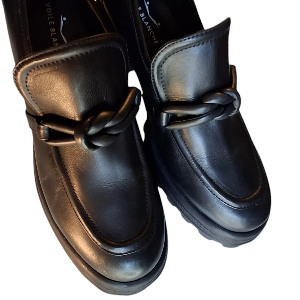 Voile Blanche Carine Black Leather Slip-On Ankle Chunky Loafers Size Women 10.5